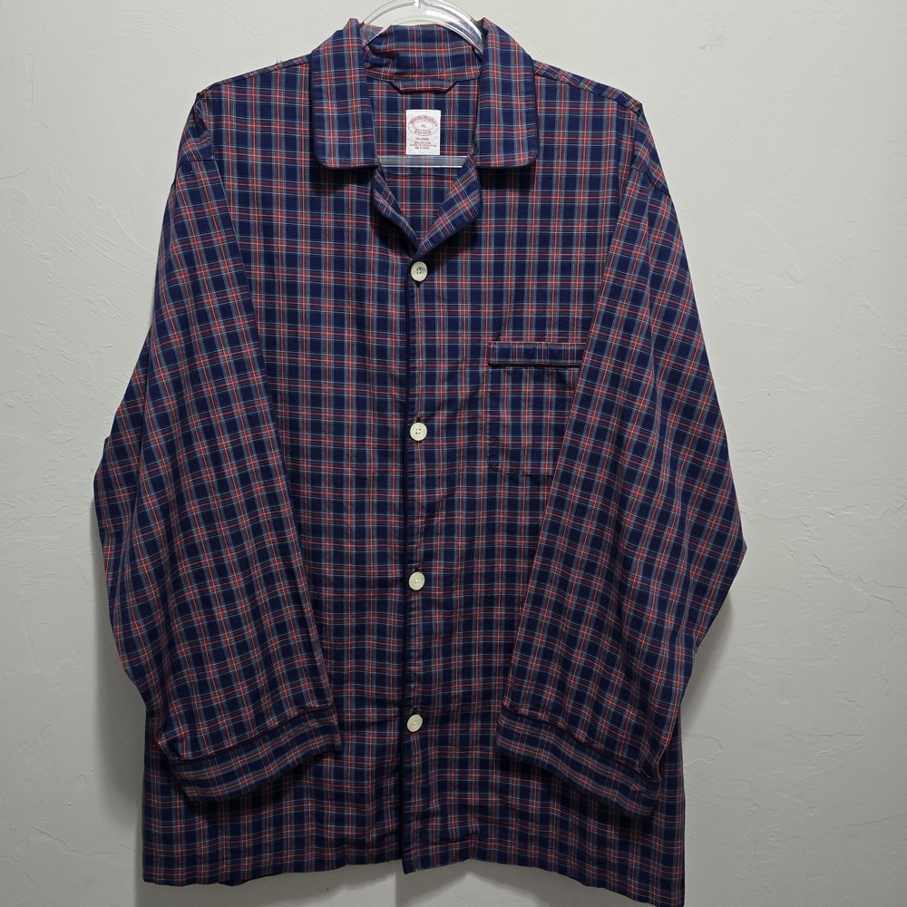 Brooks Brothers Pajama‎ Top XL Plaid Blue Red Cotton Button Front Sleep Shirt